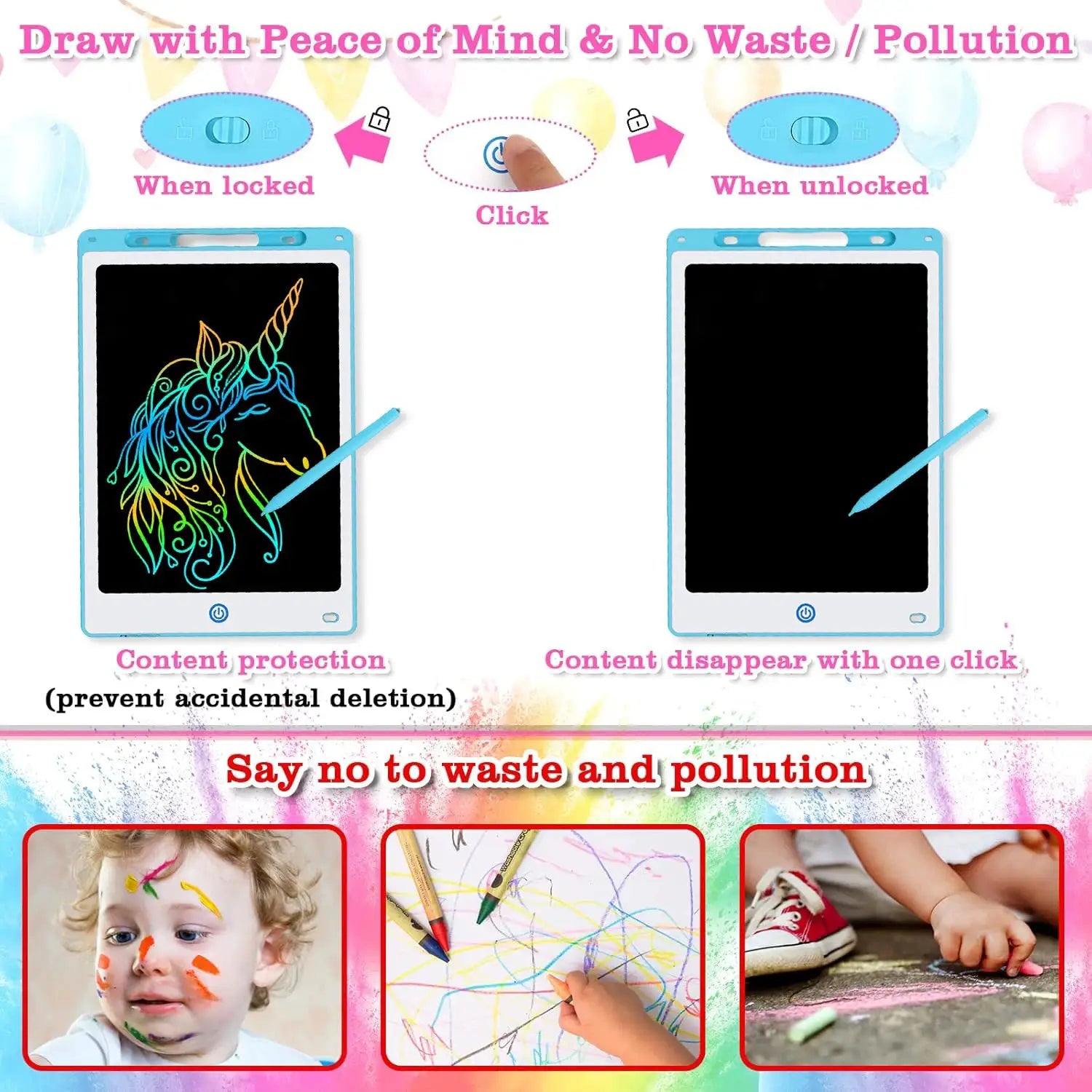 Two blue LCD writing tablets for kids with stylus, erasable reusable doodle boards