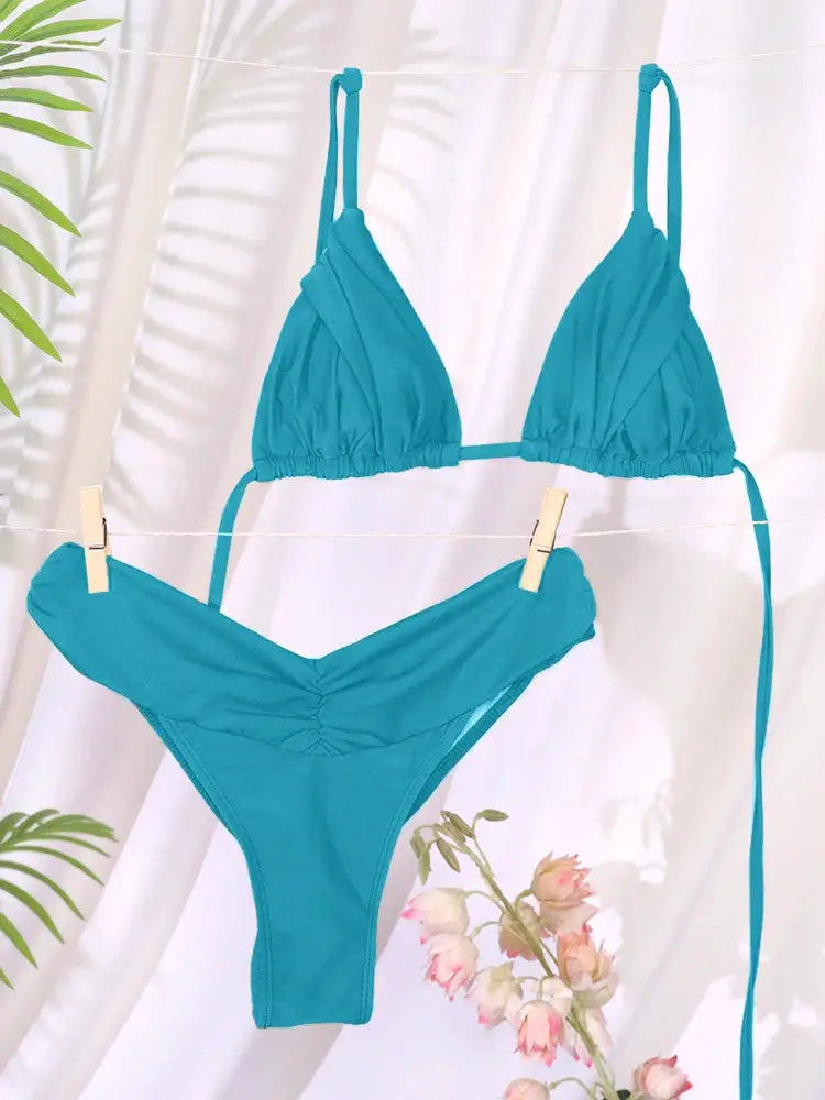 Sexy Folds Bikini Set Solid Micro Triangle Swimwear for Women Two Piece Beachwear Bathing Suit