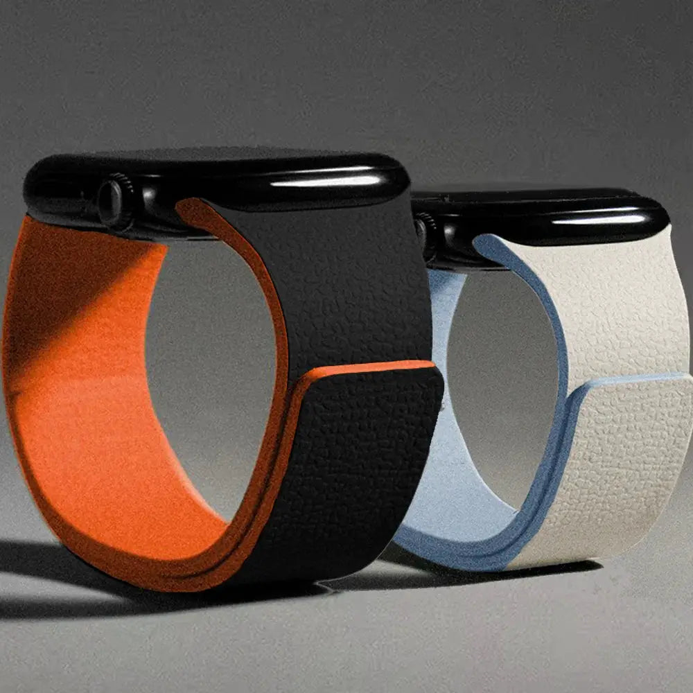 Silicone magnetic strap for Apple Watch bands by Simples Market, set of two, 44–49mm, orange/black and blue/beige