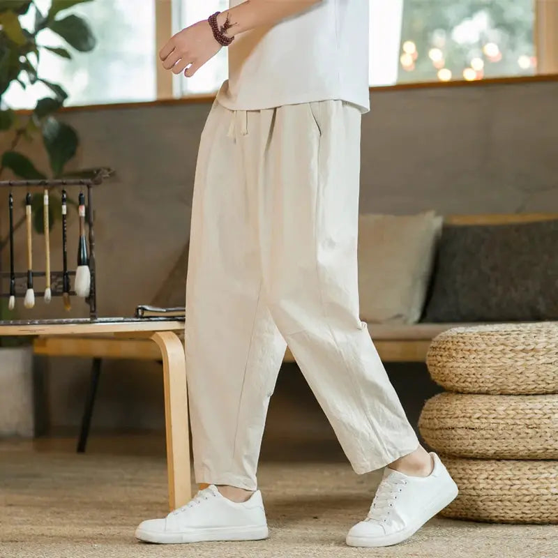Mens Cotton Linen Solid Color Casual Pants Breathable Loose Fit Trousers With Drawstring Waist Streetwear
