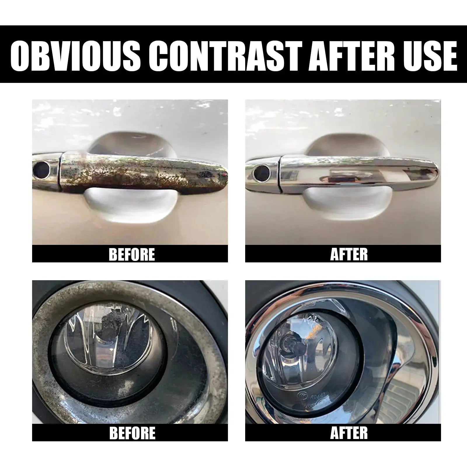 Simples Market universal rust remover spray; before-and-after chrome door handle and wheel hubcaps.