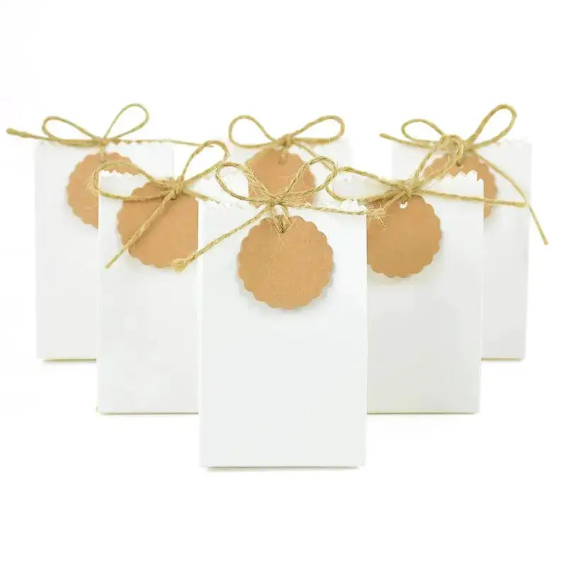 Gift boxes set of 5: white boxes with jute twine and kraft round tags