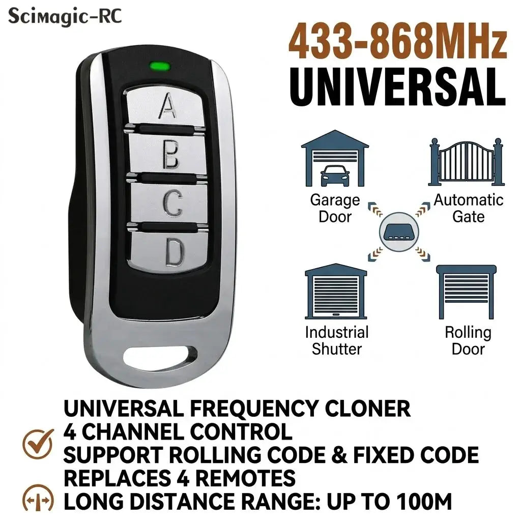 Garage door remote control, 4-channel universal, black with silver A/B/C/D buttons; Scimagic-RC.