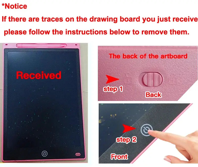 LCD drawing board tablet for kids in pink by Simples Market; front view with power button.