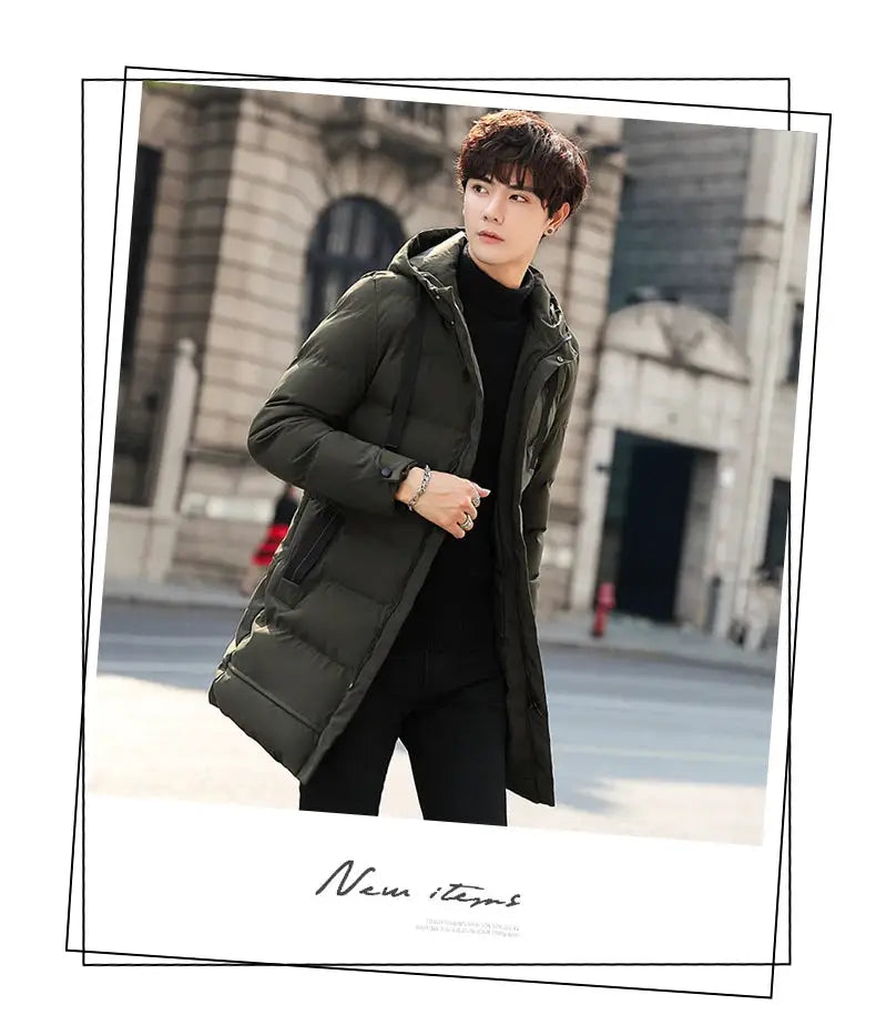 Men's olive green mid-length padded hooded jacket by Simples Market