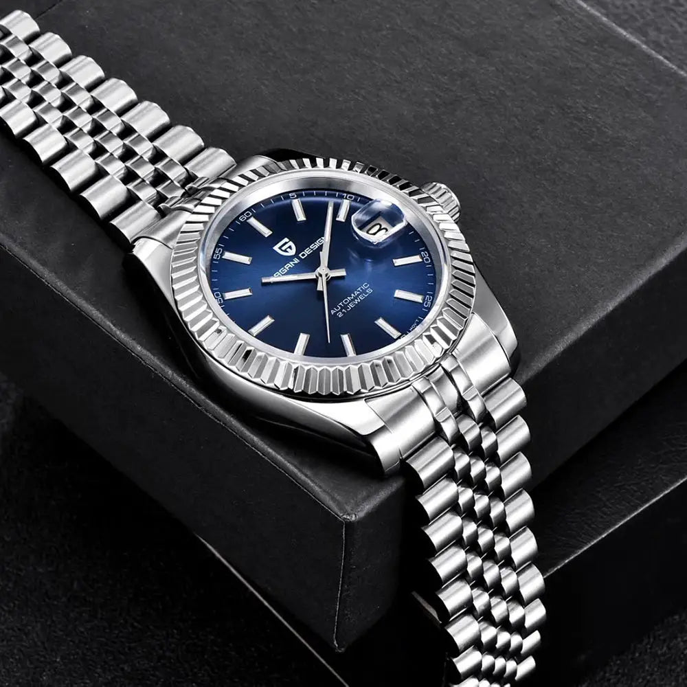 Pagani Design men's automatic watch with blue dial and stainless steel Jubilee bracelet