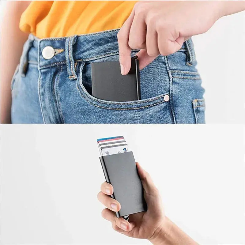 RFID credit card holder in black metal; slim minimalist wallet with pop-up slot, unisex.