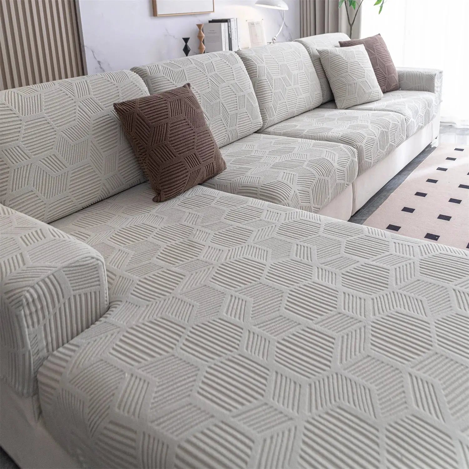 1-piece Peism jacquard stretch sofa cover with cushion covers in light gray geometric pattern on sofa, Simples Market