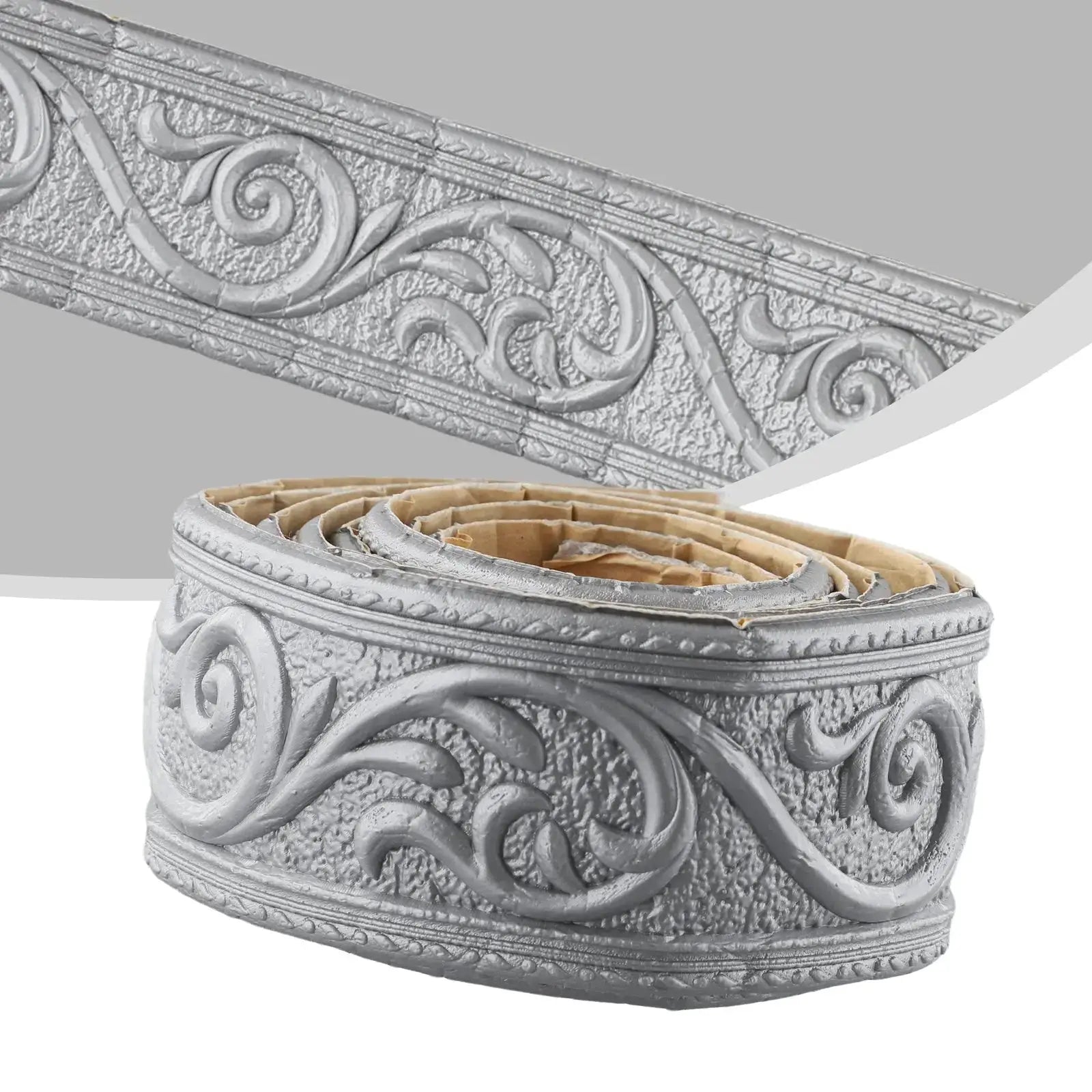 3D wall trim border self-adhesive waterproof baseboard wallpaper with ornate scrollwork in silver-gray finish.