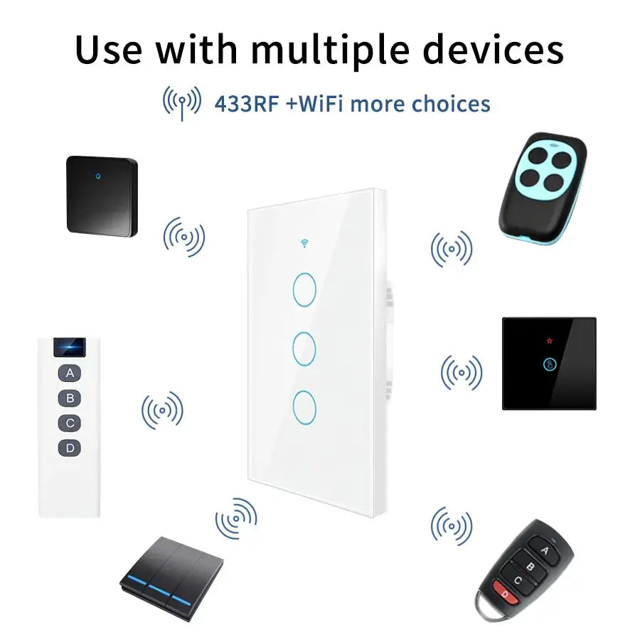 RF433 WiFi smart wall switch, white touch panel with 3 blue LED rings; by Simples Market, Tuya app, Alexa and Google Home