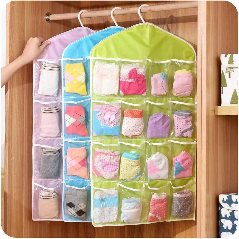 16-pocket clear hanging wardrobe organizer with pink, blue and lime-green panels for socks and underwear