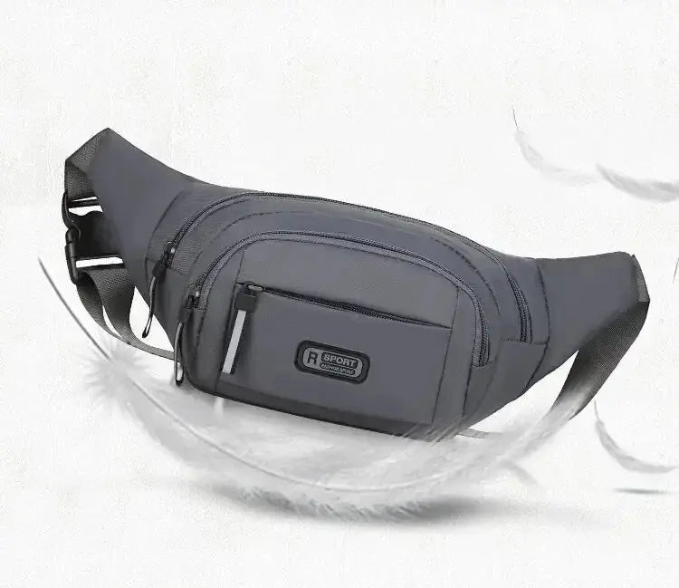Men's canvas waist bag, gray, slim anti-theft design with multiple zip pockets and front R SPORT logo.