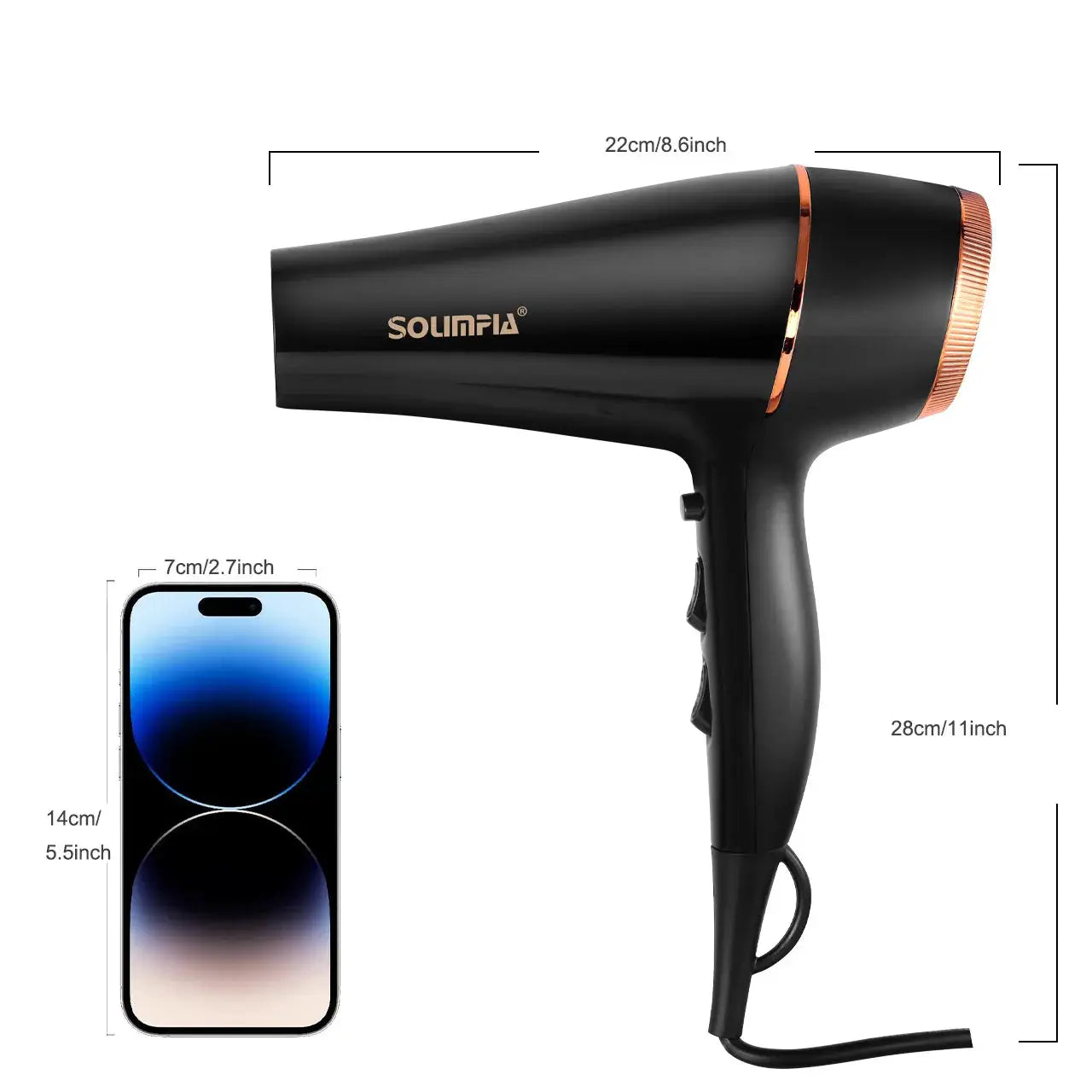 Simples Market hair dryer, black with rose-gold trim, 6-level professional salon-grade heat tool for home use