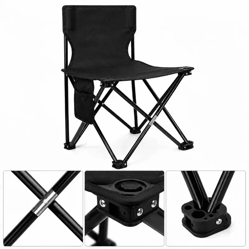 Portable folding camping chair by Simples Market, black Oxford cloth seat with side pocket.