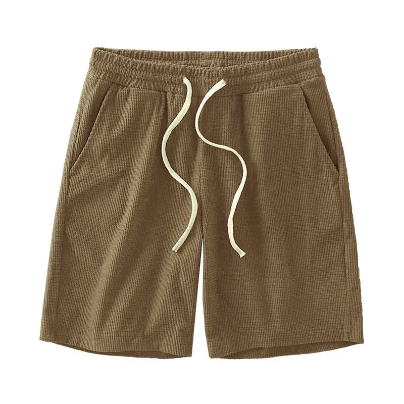 Men's brown waffle-texture shorts with drawstring, knee-length casual shorts by Simples Market