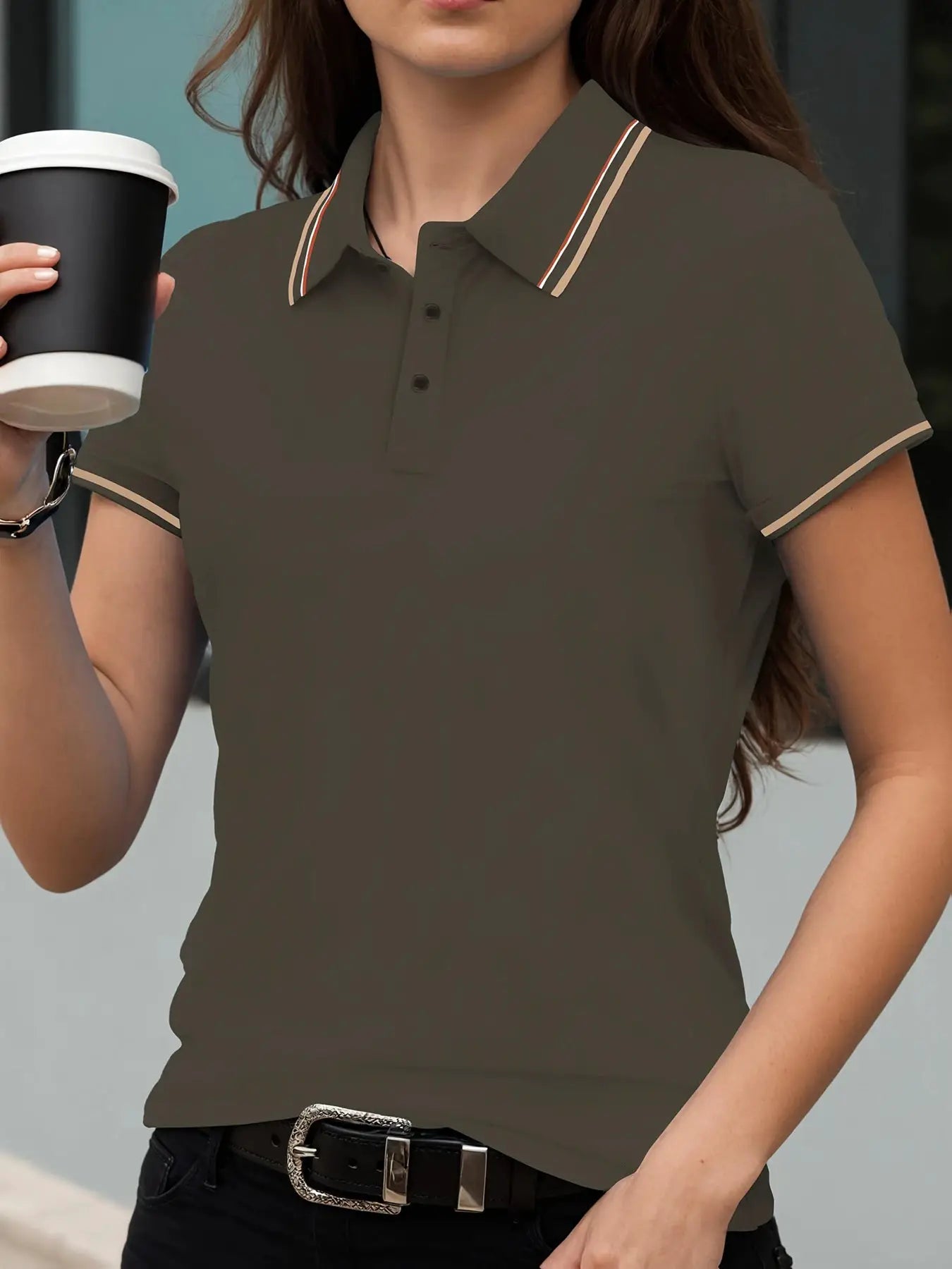 Women Summer Solid Color Stripe Polo Shirt Short Sleeve Streetwear