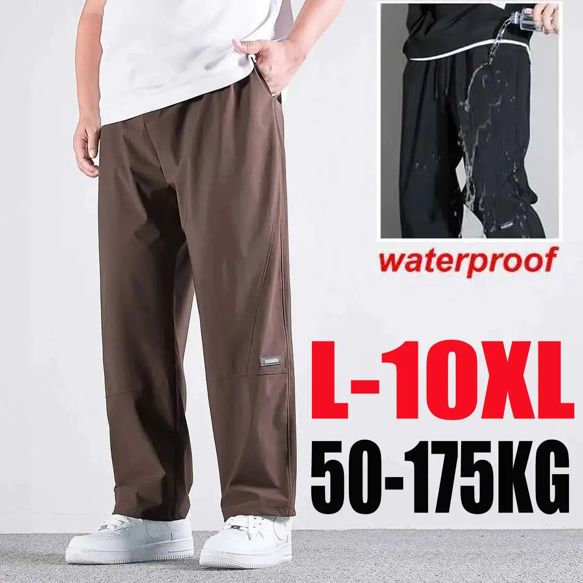 Simples Market 10XL casual pants for men, brown loose straight trousers with elastic waist