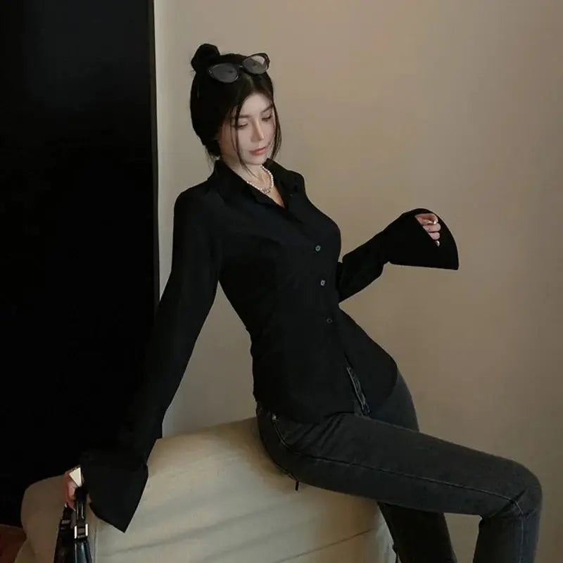 Gidyq fashion women's bandage shirt black slim blouse with front buttons and bell sleeves