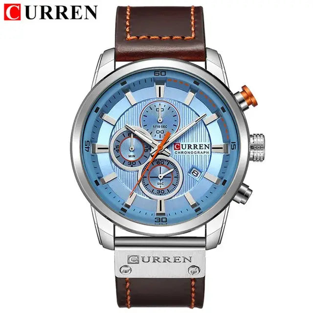 CURREN 8291 men's quartz chronograph watch with blue dial, stainless steel case and brown leather strap.