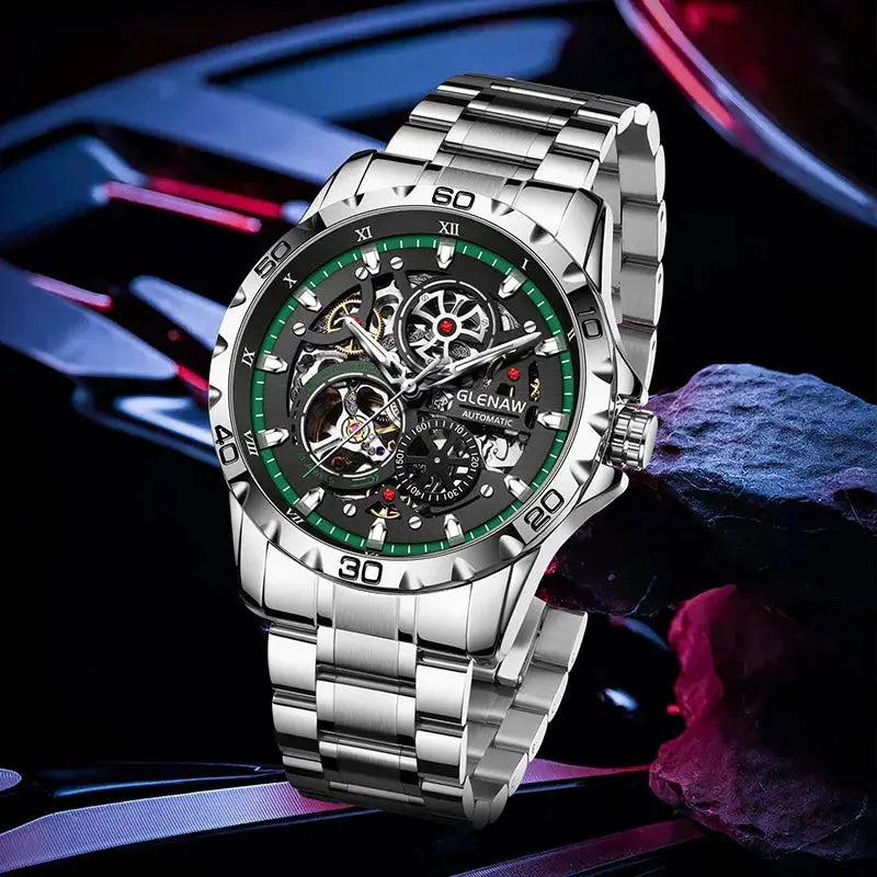 GLENAW skeleton steampunk men's watch with stainless steel strap, automatic movement