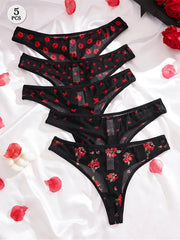 LaceAura 5 Piece Print Design Sexy Women Thongs Breathable Comfortable Low Rise G String Underwear Pack