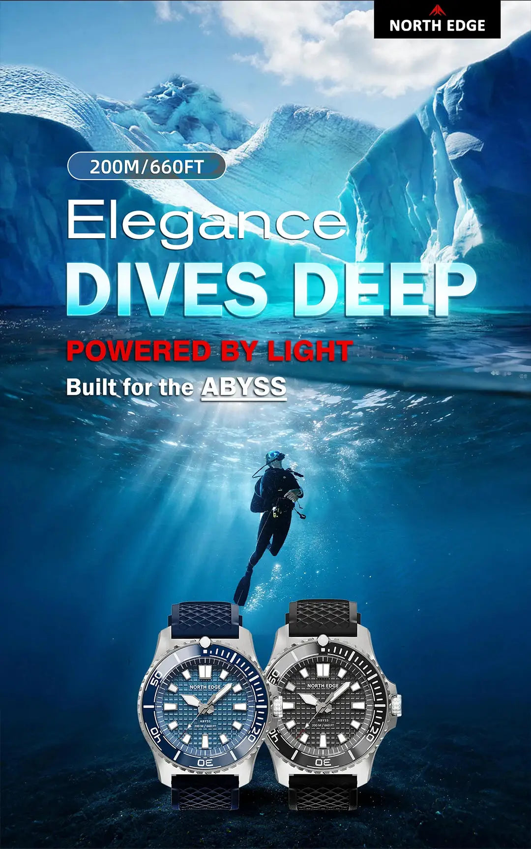 North Edge Abyss diving watches; two 316L steel, solar-powered, 200m water resistant, blue and black dials.