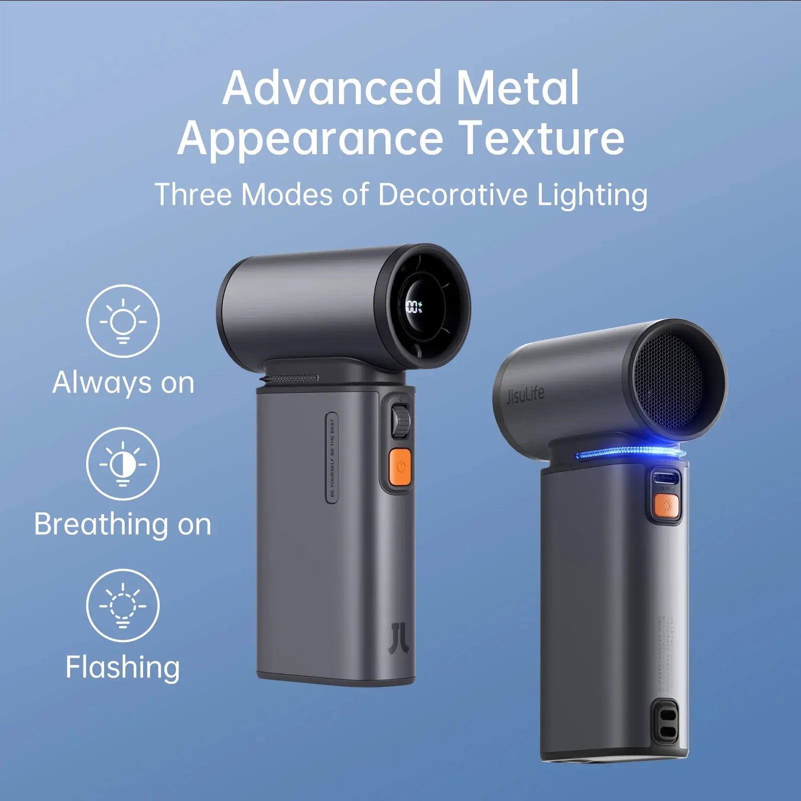 JISULIFE portable turbo handheld fan, gray metal finish, LED display, 9000mAh battery, 2 units shown