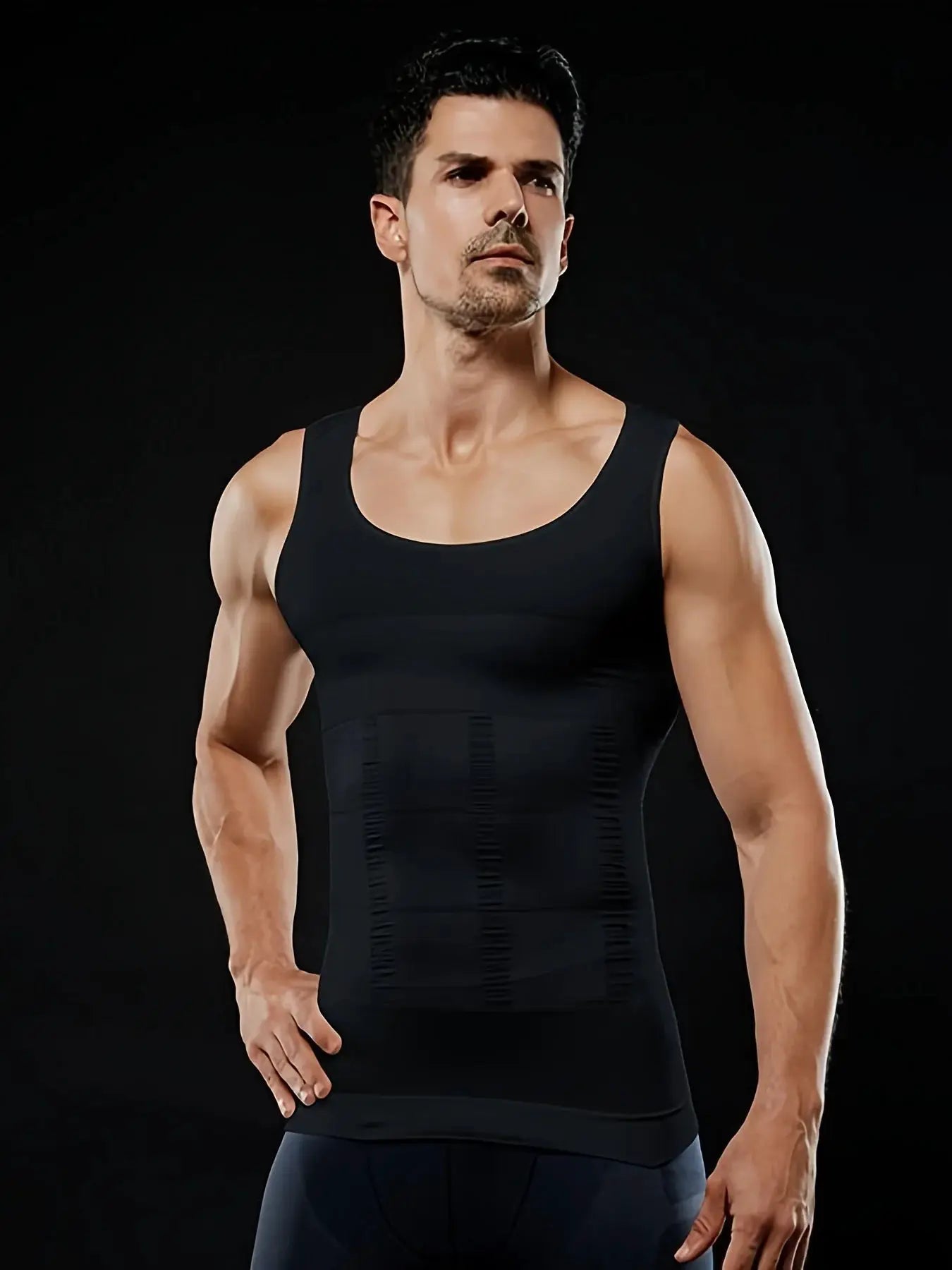 Men's compression body shaper tank top by Simples Market, black with front panel compression