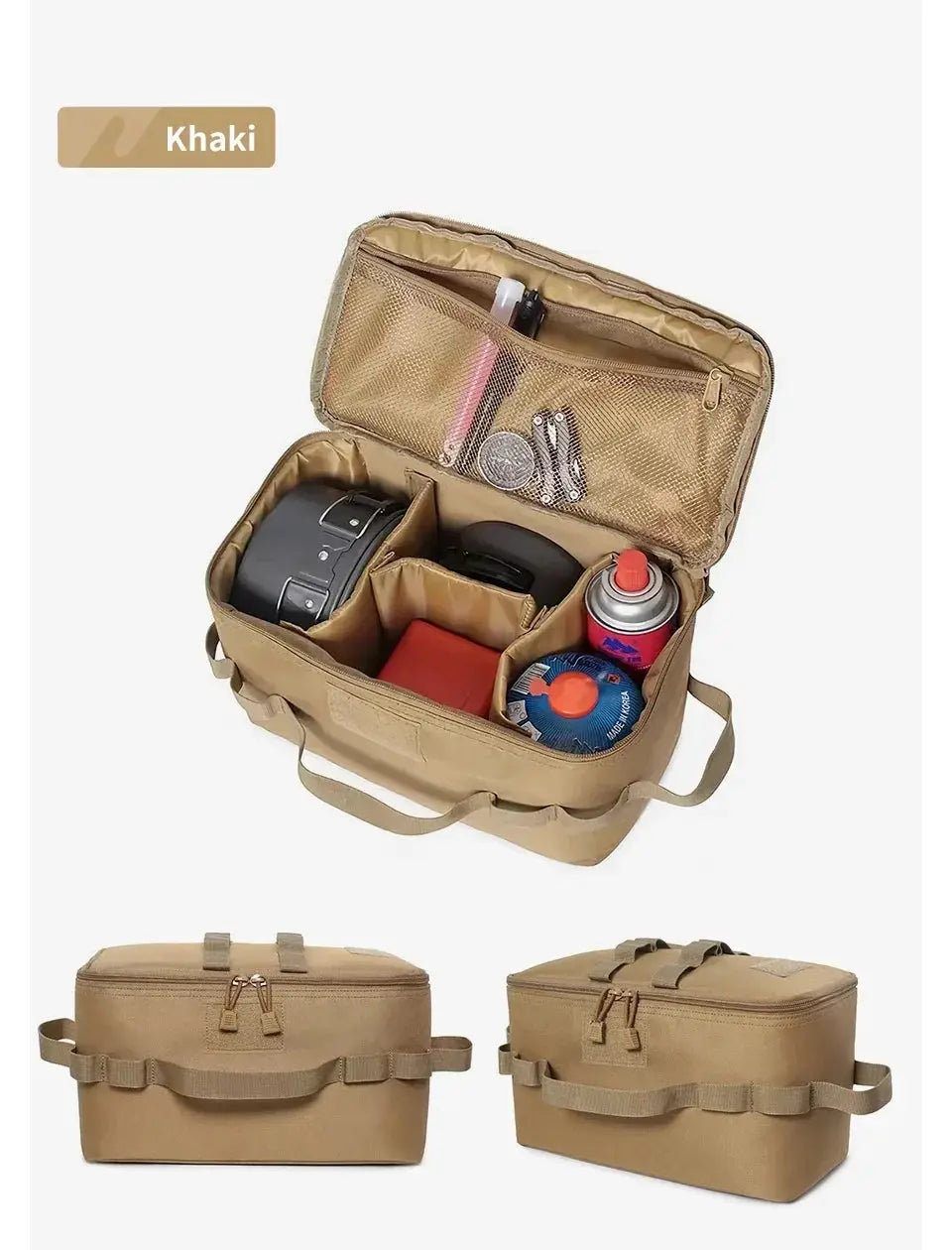 Large capacity outdoor camping storage bag by Simples Market, khaki with multiple compartments