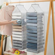 Wardrobe hanging storage cabinet organizers, two gray mesh units with multiple shelves for pants, socks and shirts