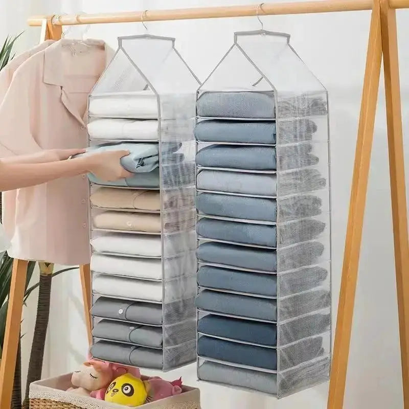 Wardrobe hanging storage cabinet organizers, two gray mesh units with multiple shelves for pants, socks and shirts