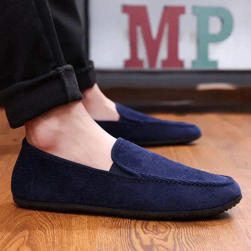 Men's navy fabric loafers slip-on driving shoes with black sole