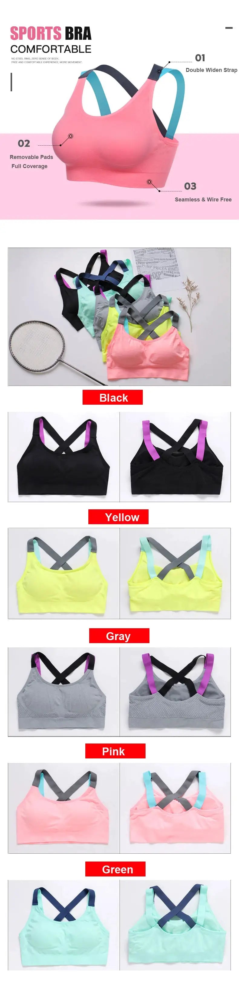 Simples Market color-blocked cross-back sports bra; pink main piece with multicolor straps and other color variants