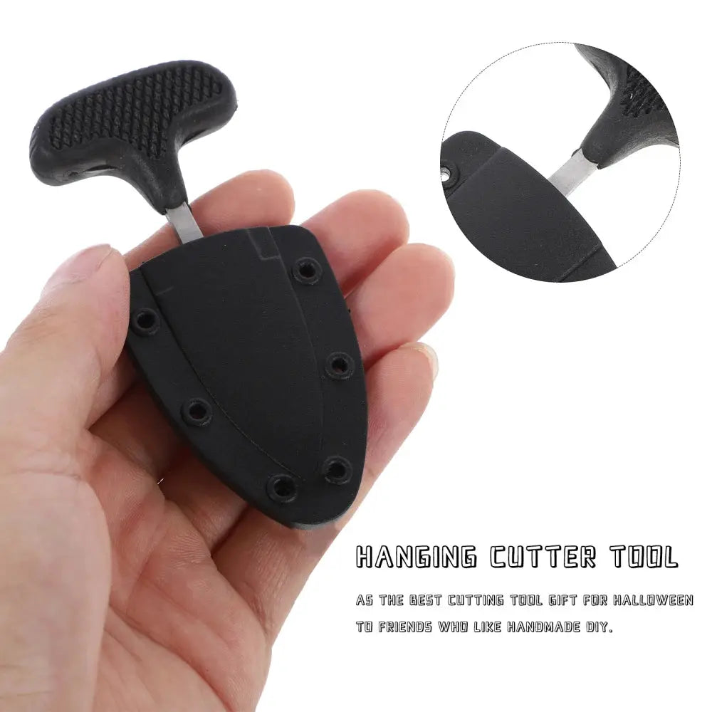 Hanging cutter tool in black with compact sheath and textured handle, portable camping knife