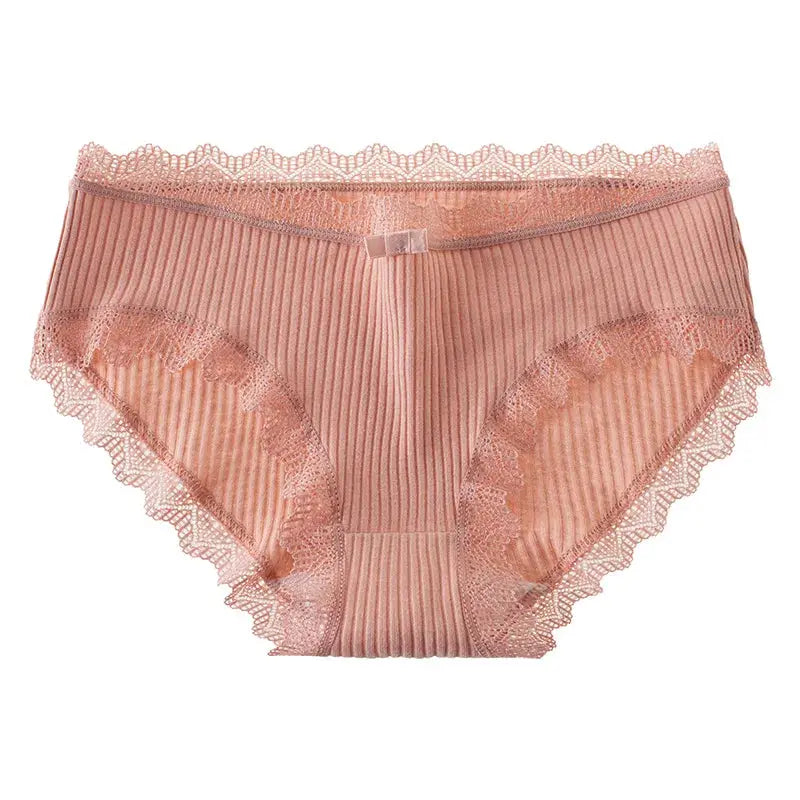 Lace-trim bikini panties in peach with ribbed fabric and bow detail