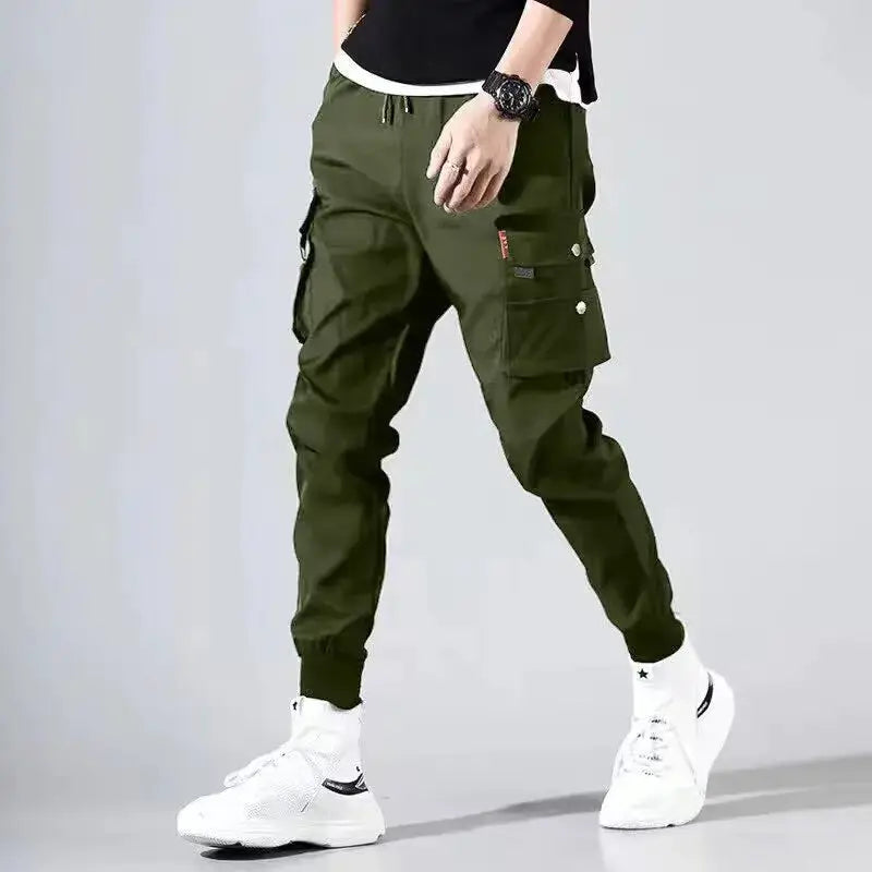 Men's tactical cargo pants by Simples Market, olive green multi-pocket workwear joggers