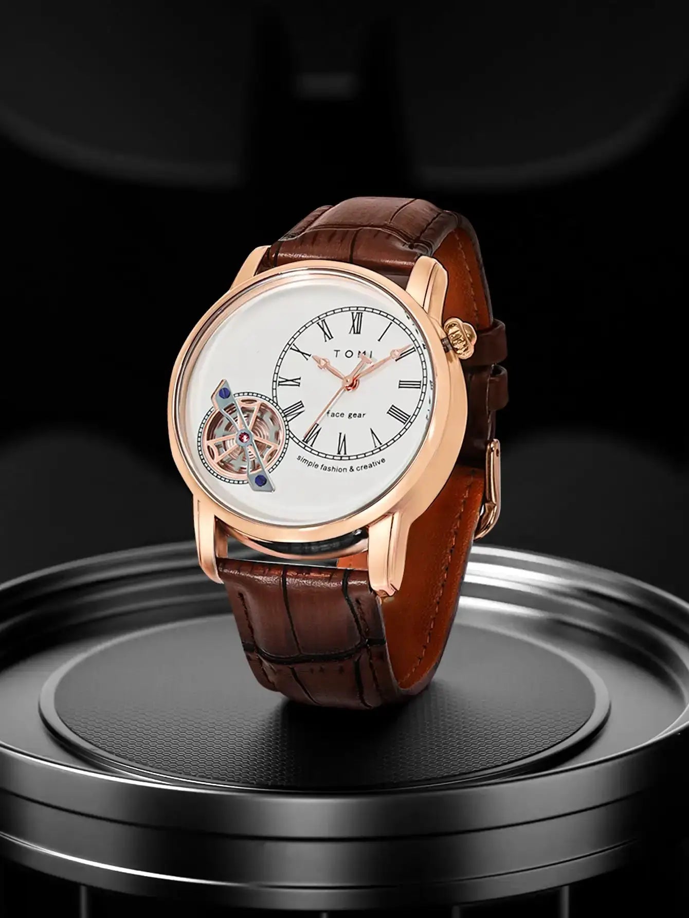 TOMI men's quartz watch with rose-gold case, white Roman-numeral dial, skeleton gear detail, brown leather strap.