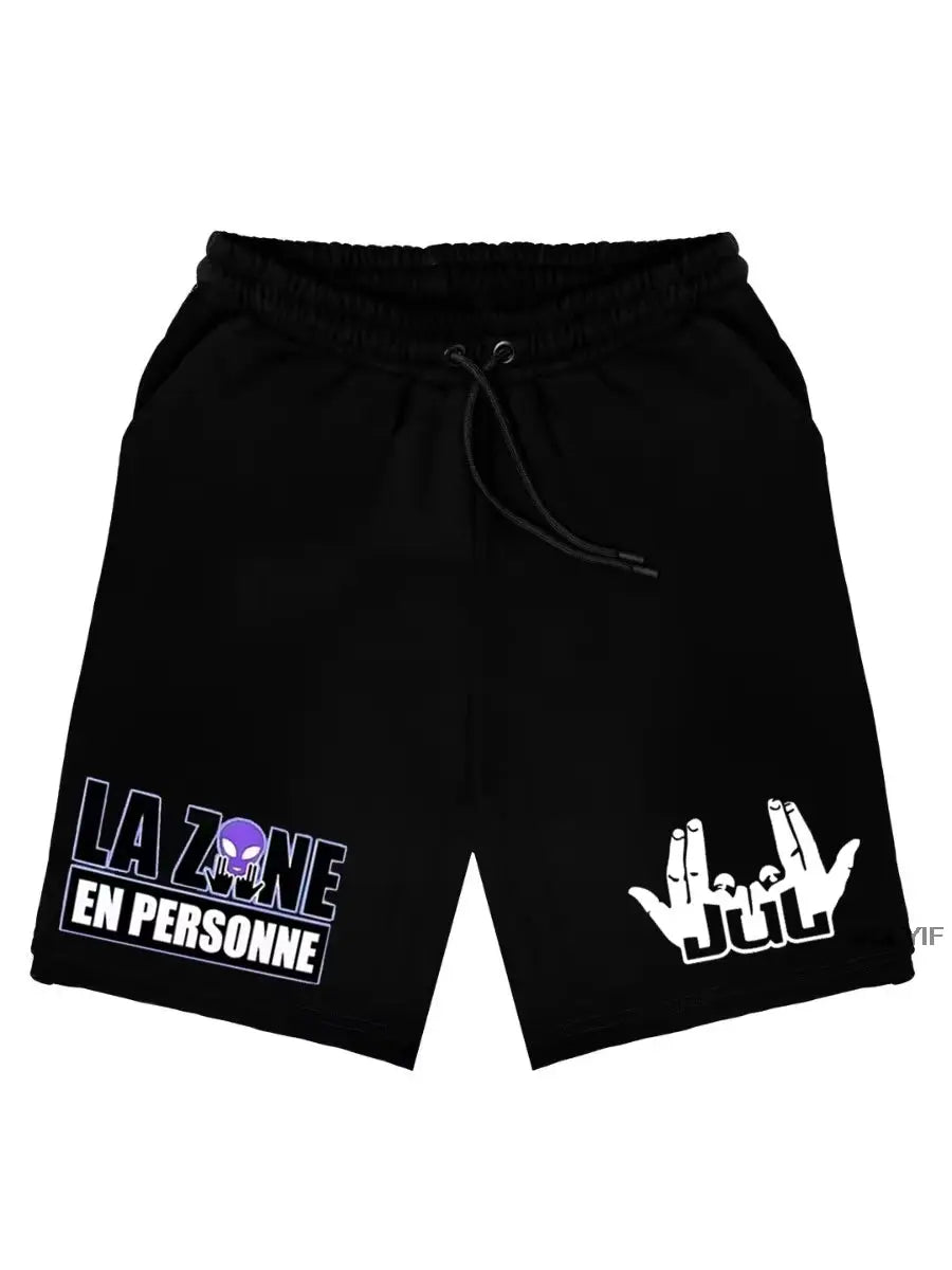Shorts, black with drawstring; JUL logo on right leg and LA ZONE EN PERSONNE graphic on left leg.