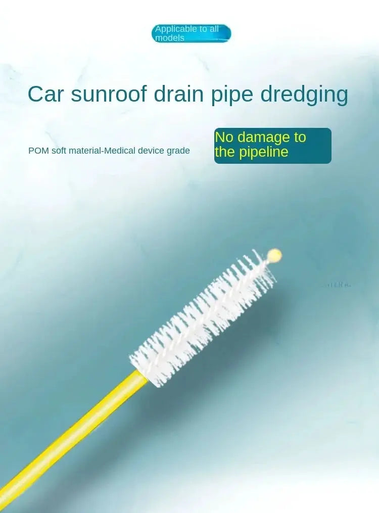 Car sunroof drain cleaning brush with long yellow handle and white bristles
