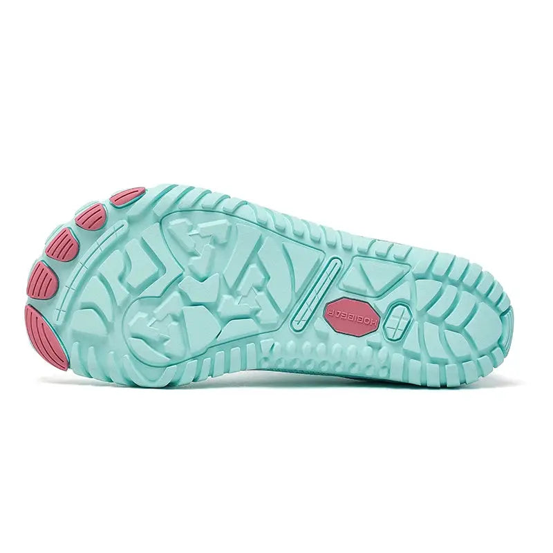HOBIBEAR barefoot shoes sole in aqua turquoise with pink logo patch