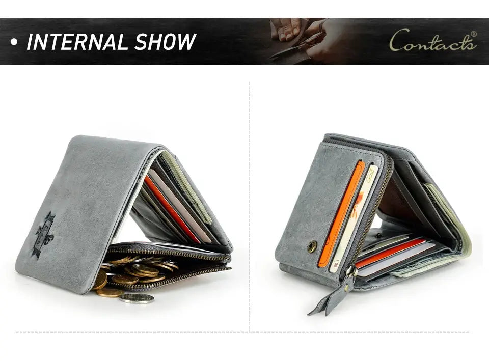 Wallet by Contact's gray Crazy Horse leather, men's vintage trifold with zip coin pocket.
