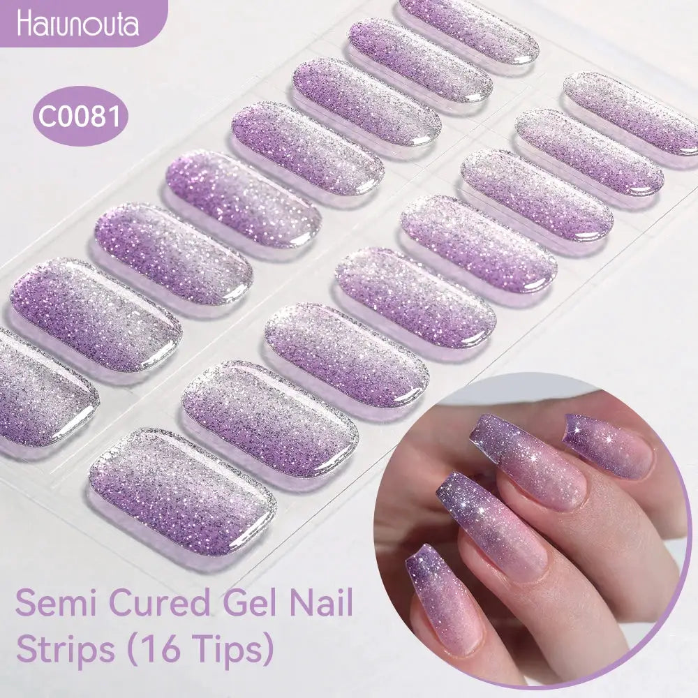 Simples Market Gradient Auroras semi-cured gel nail strips, purple glitter gradient, 16 tips