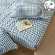 Quilted plaid mattress cover set in blue gingham with 2 matching pillows