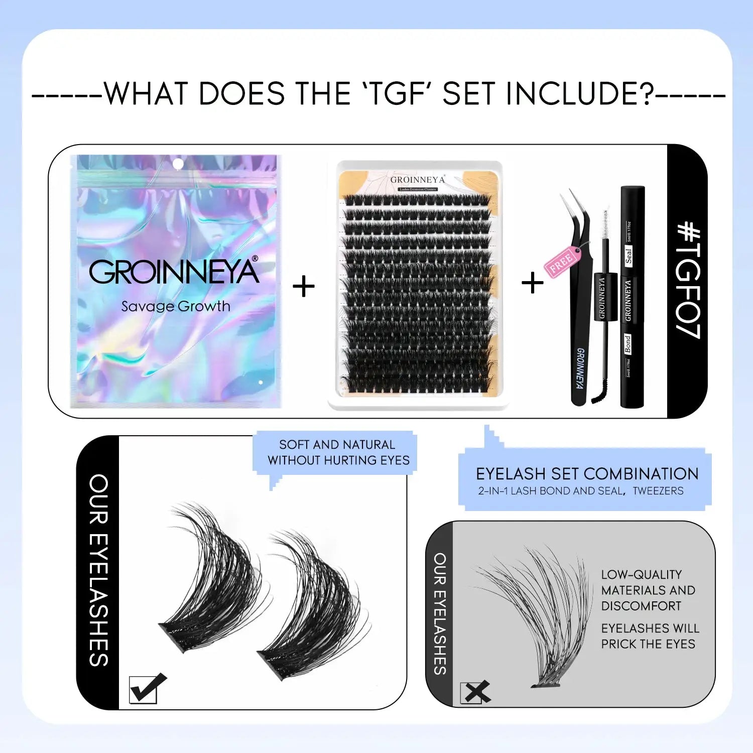 GROINNEYA Lash Clusters Kit Waterproof Strong Hold DIY Lash Extension Kit Bond And Seal Eyelash Tweezers Makeup