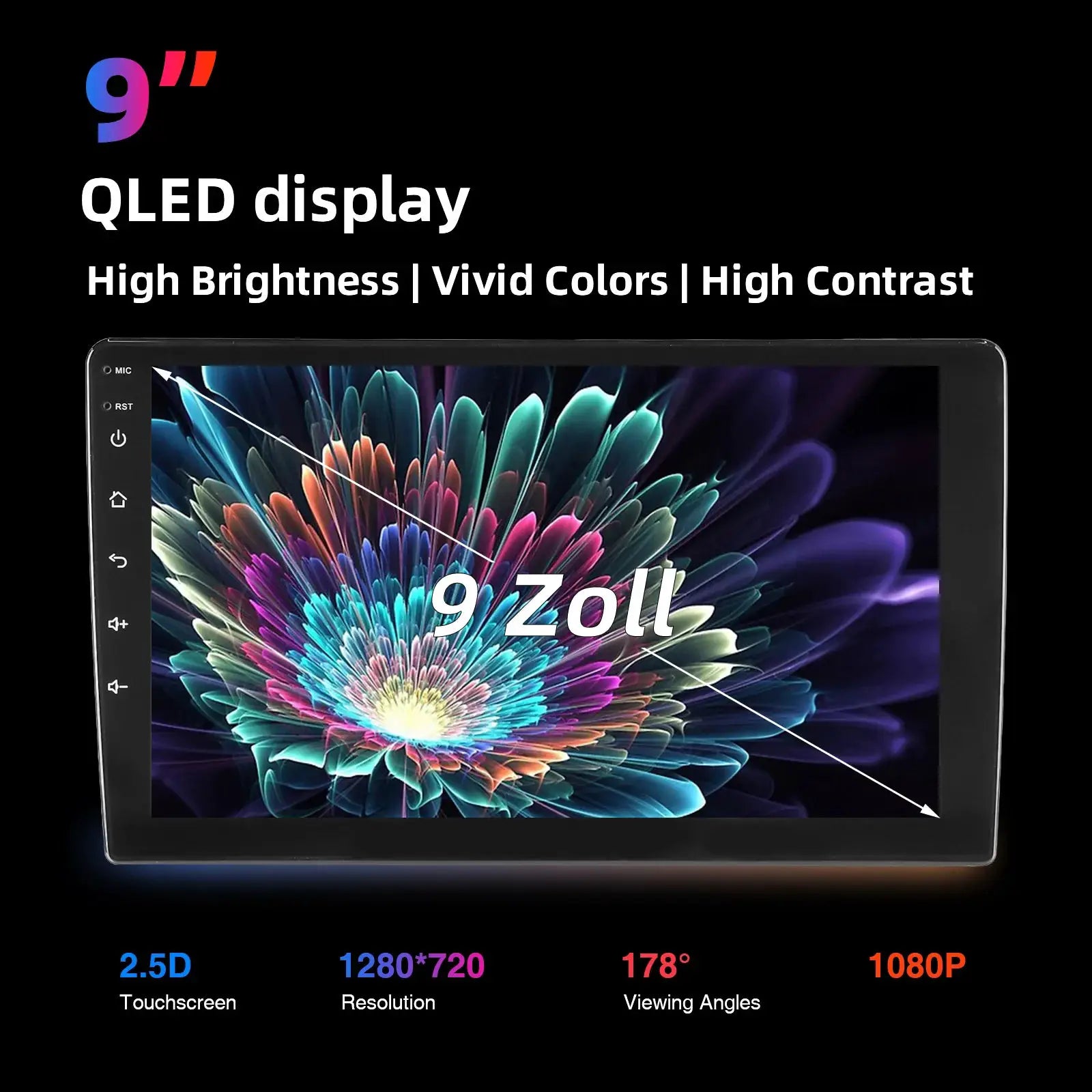 9-inch QLED car stereo touchscreen with Android Auto and CarPlay