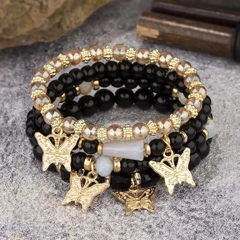 4 Pcs Trendy Butterfly Beaded Bracelet Set For Women Pink Acrylic Beads Elastic Chain Bangles Party Jewelry Gift