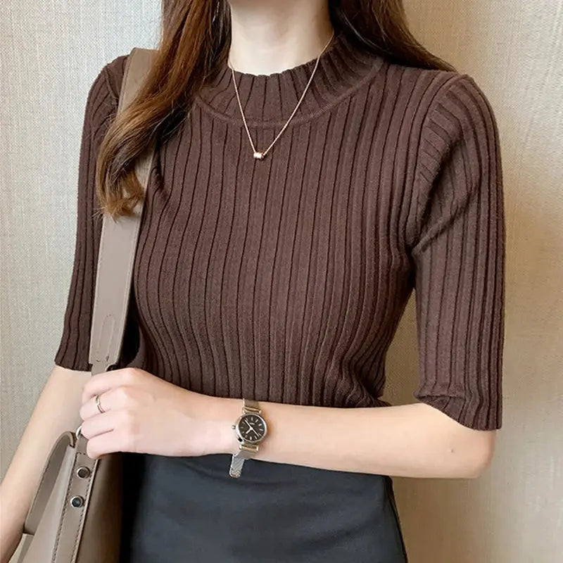 Brown ribbed knit short-sleeve blouse for women with crew neck