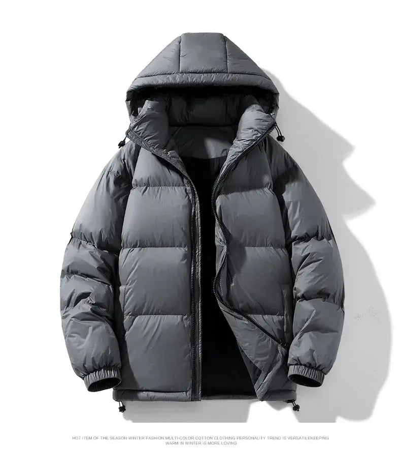 Men's grey hooded puffer down jacket, 90% white duck down, Simples Market, sizes M-4XL.