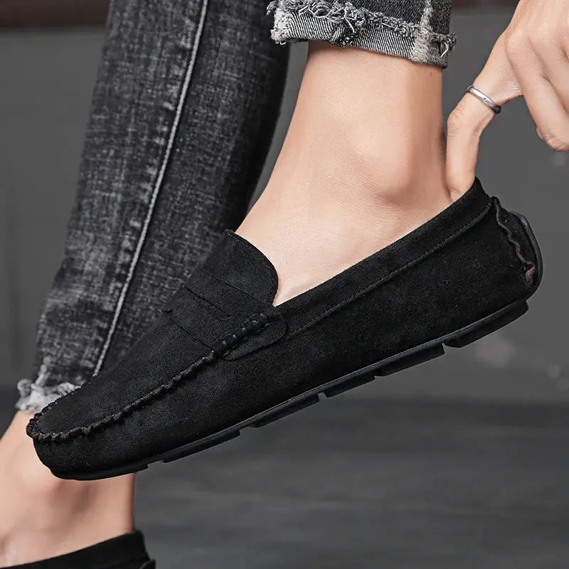 Men's black suede loafers, slip-on driving shoes with moccasin stitching by Simples Market