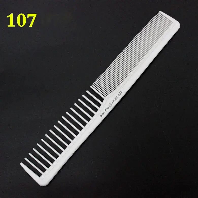 White plastic professional anti-static flat-head barber comb with fine and wide teeth.